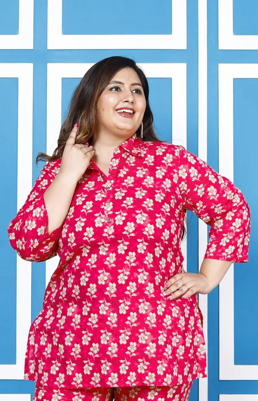 Pink Cotton Floral Print Co-ord Set Plus Size-1200009