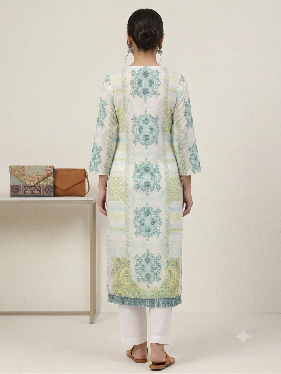 Pastel Green & Blue Printed Straight Knee-Length Kurti