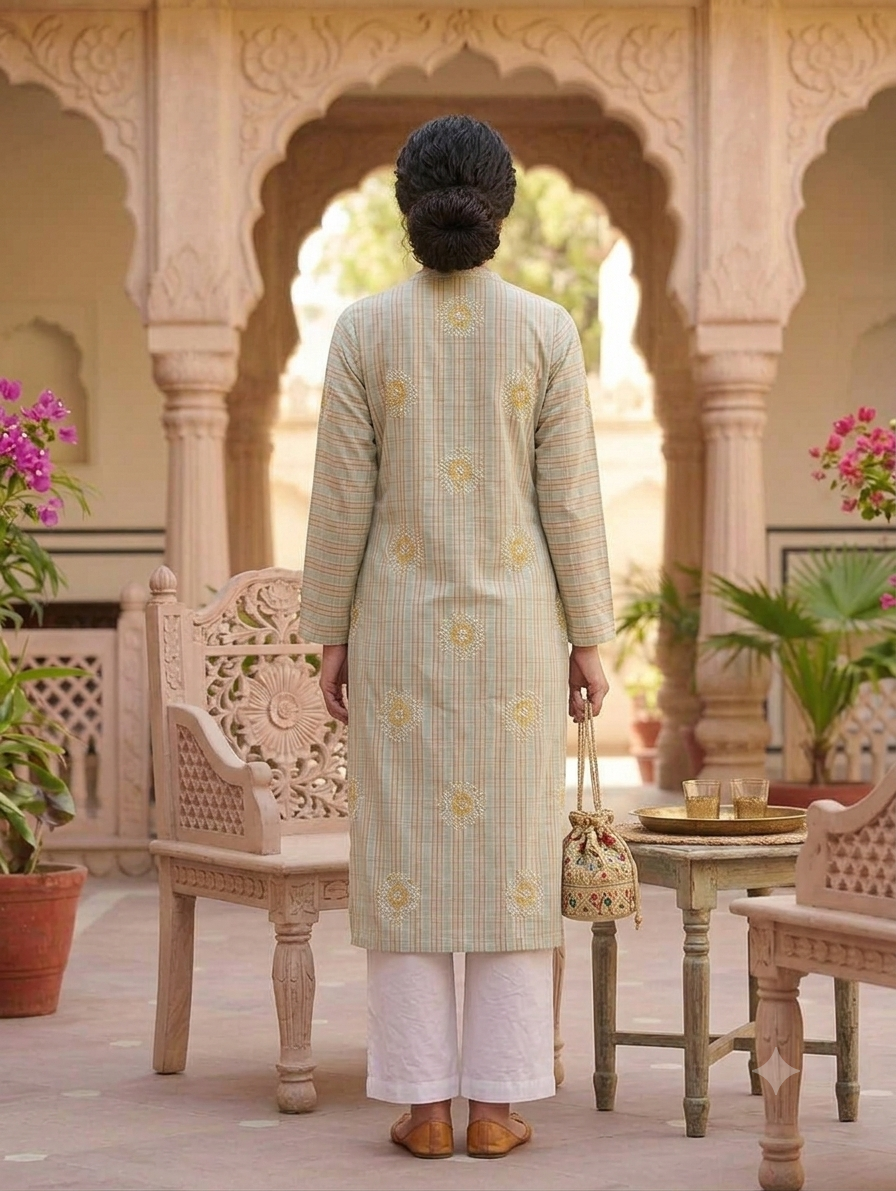 Pastel Blue Checked Straight Knee-Length Kurti with Embroidery