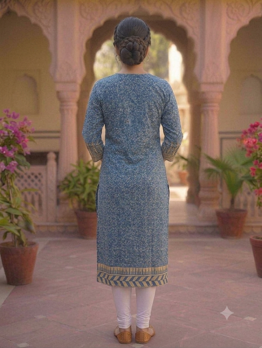 Indigo Blue Printed Straight Knee-Length Kurti