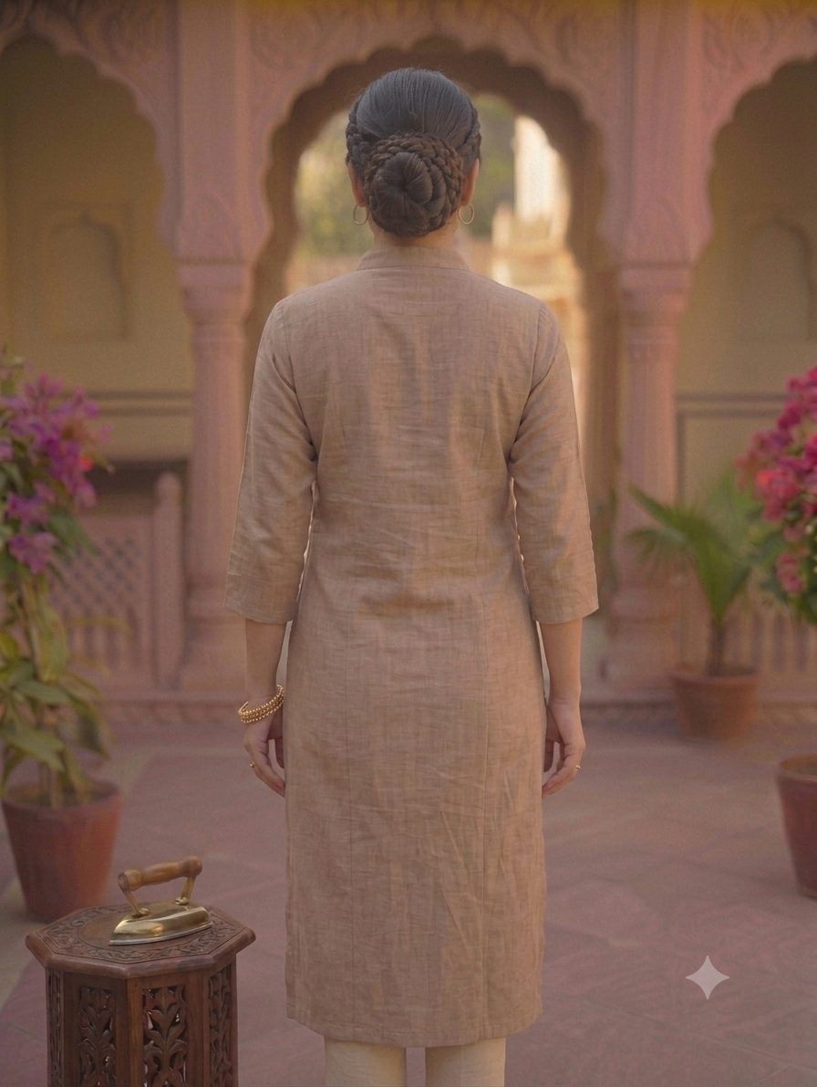 Knee-Length Beige Straight Kurti with Front Button Detailing