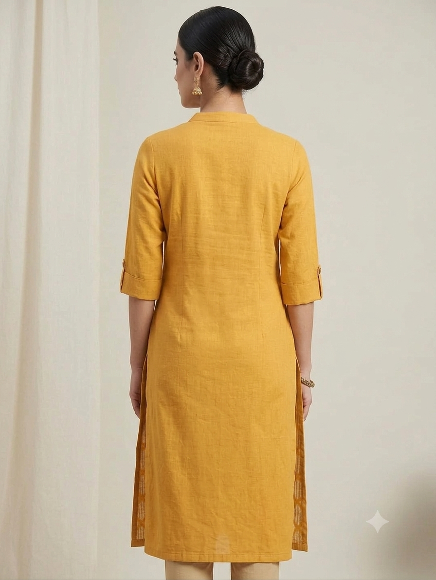 Mustard Yellow Straight Knee-Length Kurti with Front Button Detailing