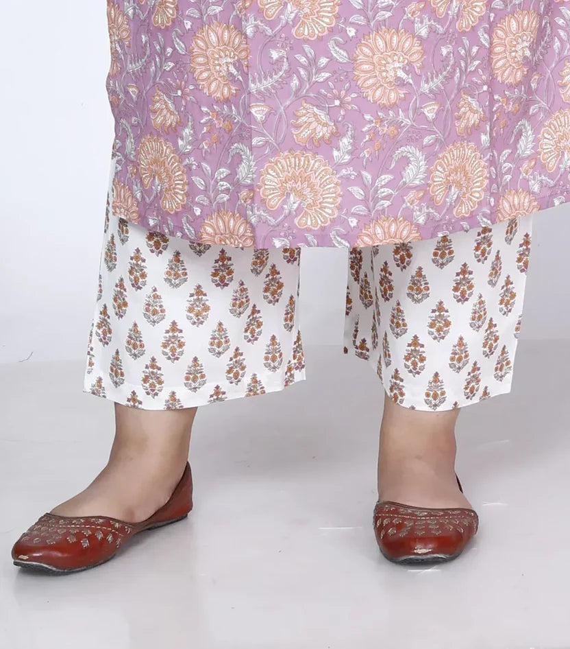 Purple Cotton Printed Kurta Pant Set with Dupatta Plus Size-200003