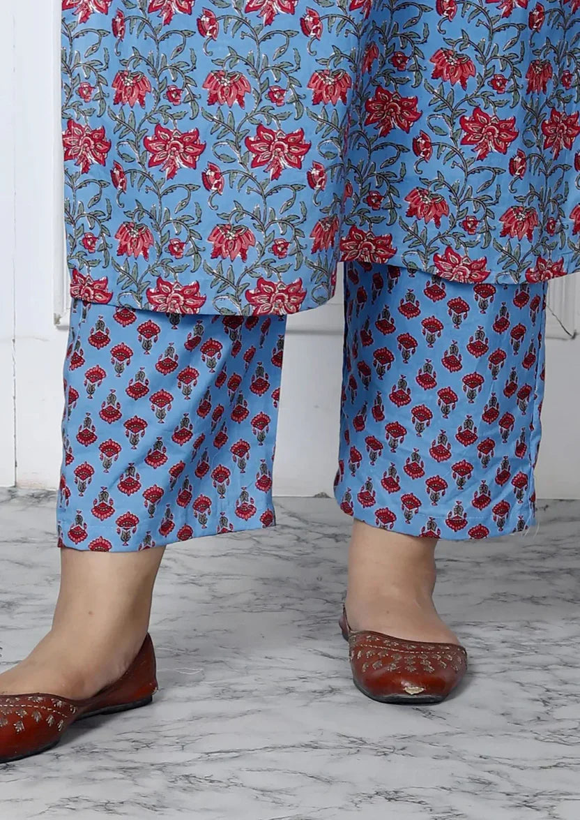 Blue Cotton Printed Kurta Pant Set with Dupatta Plus Size-200030