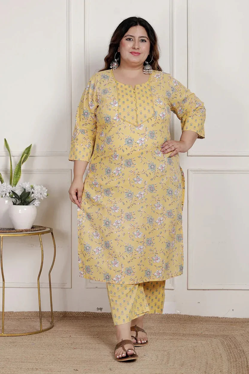 Yellow Cotton Floral Kurta Pant Set with Dupatta Plus Size-22390333