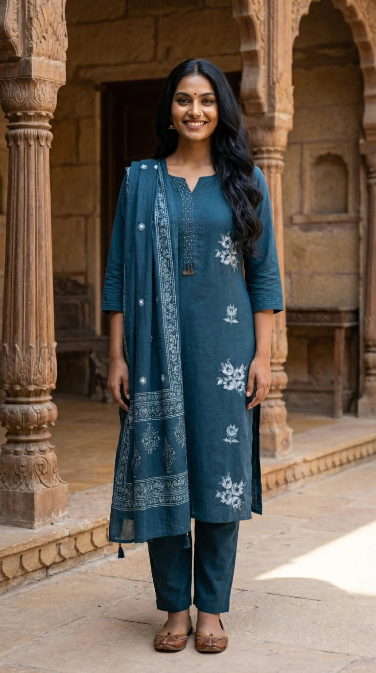 Teal Blue Embroidery Cotton Kurta Pant Set with Dupatta-800216