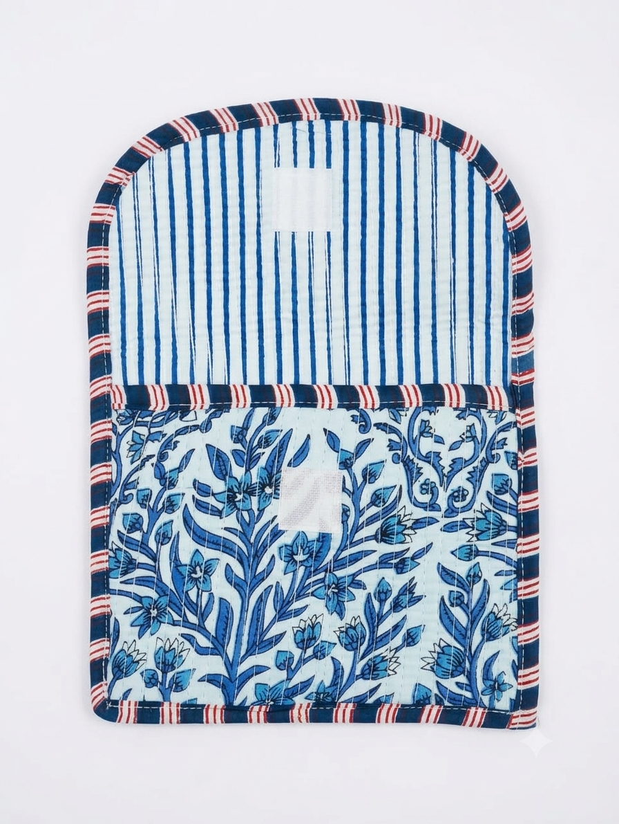 Blue Floral Print Quilted Hand Purse for Women | Cotton Travel Organizer Pouch