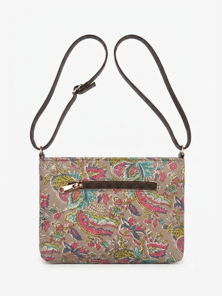 Handcrafted Floral Print Cotton Sling Bag | Beige Multicolor Crossbody Shoulder Bag | Lightweight Everyday Travel Purse for Women