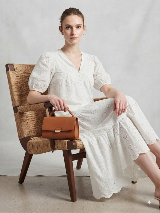 White Schiffli Embroidered Top with Long Tiered Skirt Co-ord Set