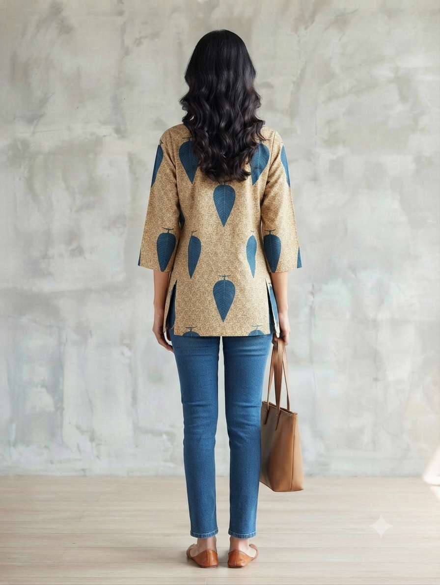 Women's Beige Cotton Printed Short Kurti | Leaf Print | 3/4 Sleeves | Regular Fit Casual Top
