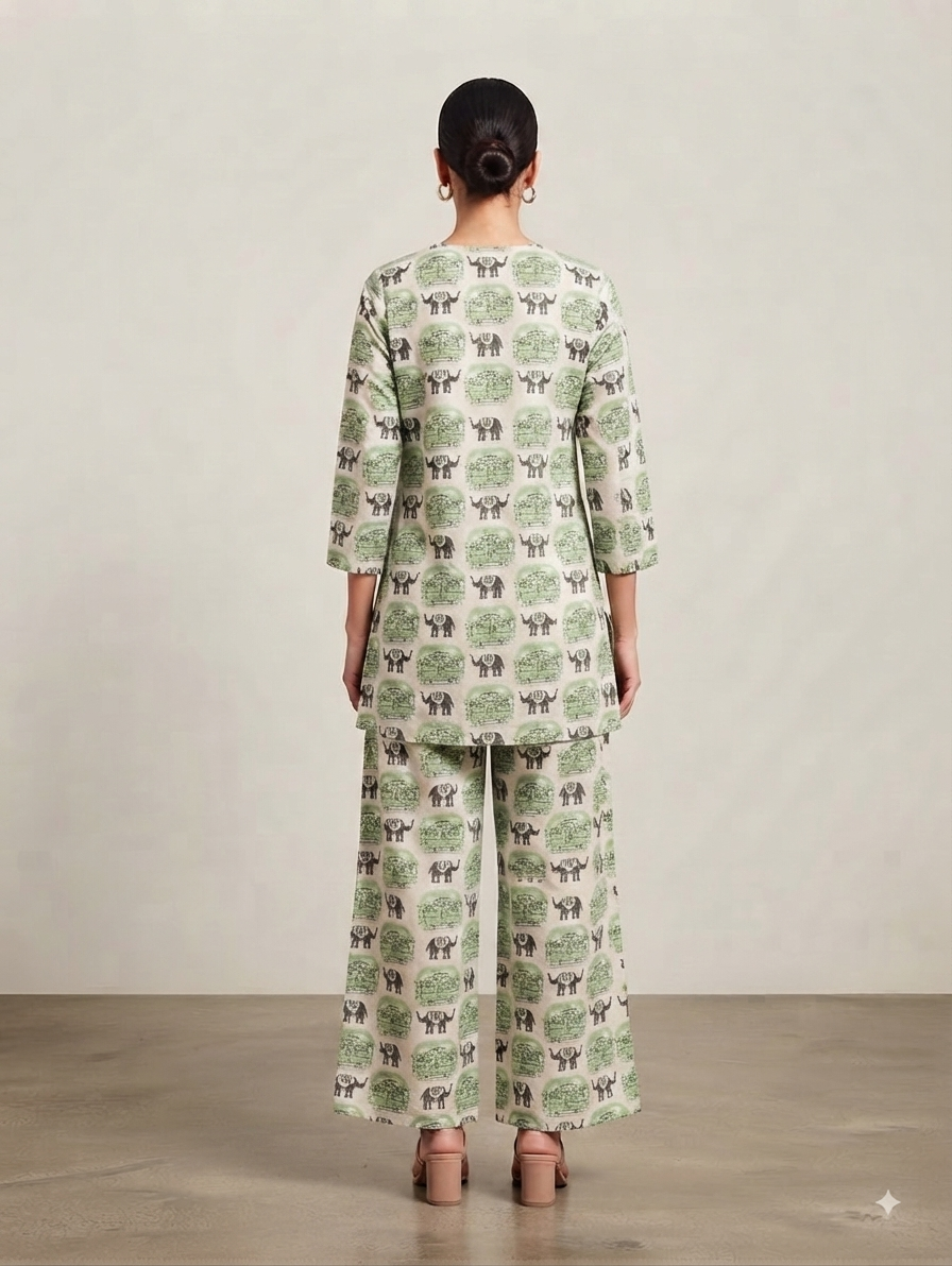 Green & White Elephant Print Kurta with Palazzo Pants Co-ord Set