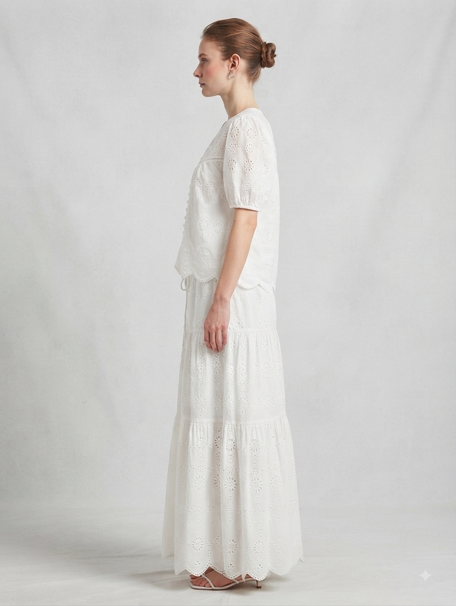White Schiffli Embroidered Top with Long Tiered Skirt Co-ord Set