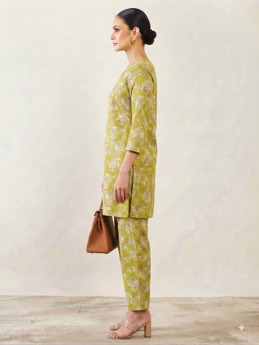 Yellow Floral Print Hip-Length Kurta with Pants Co-ord Set