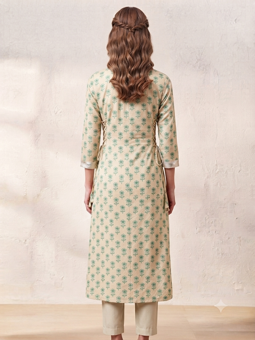 Women's Beige & Green Floral Printed Cotton Angrakha Kurti | Knee Length | Side Knot Tie-Up | V-Neck | 3/4 Sleeves