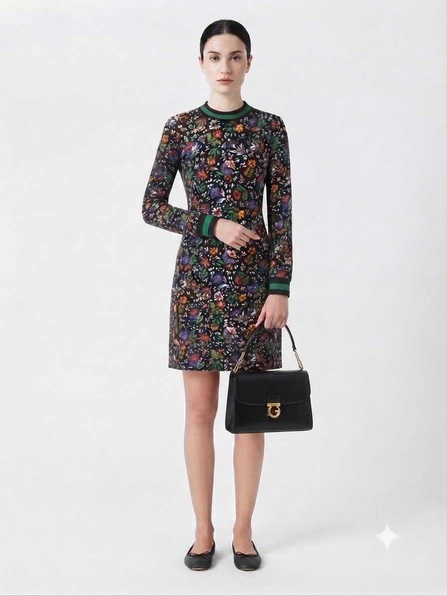 Floral Print Long-Sleeve Shift Dress