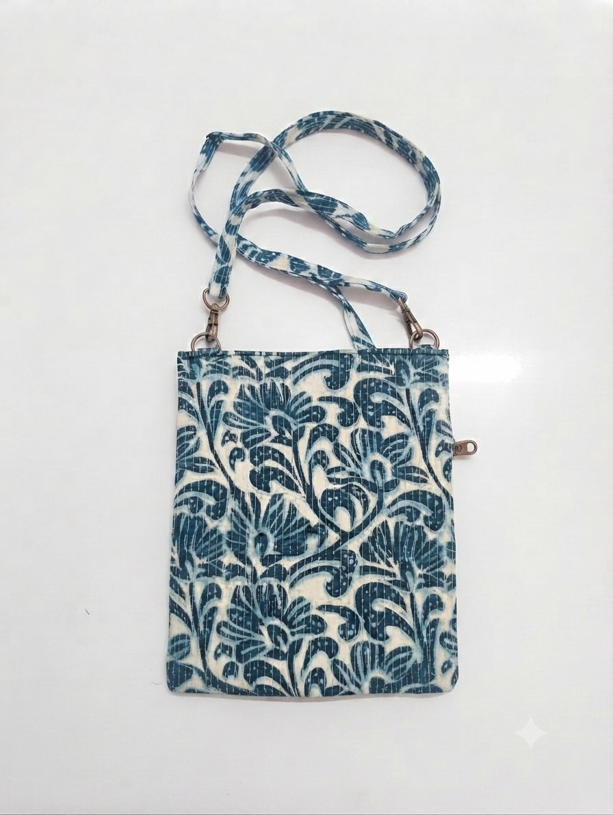Handcrafted Quilted Cotton Sling Bag | Blue Floral Print Crossbody Bag | Lightweight Multipurpose Travel & Everyday Shoulder Bag for Women