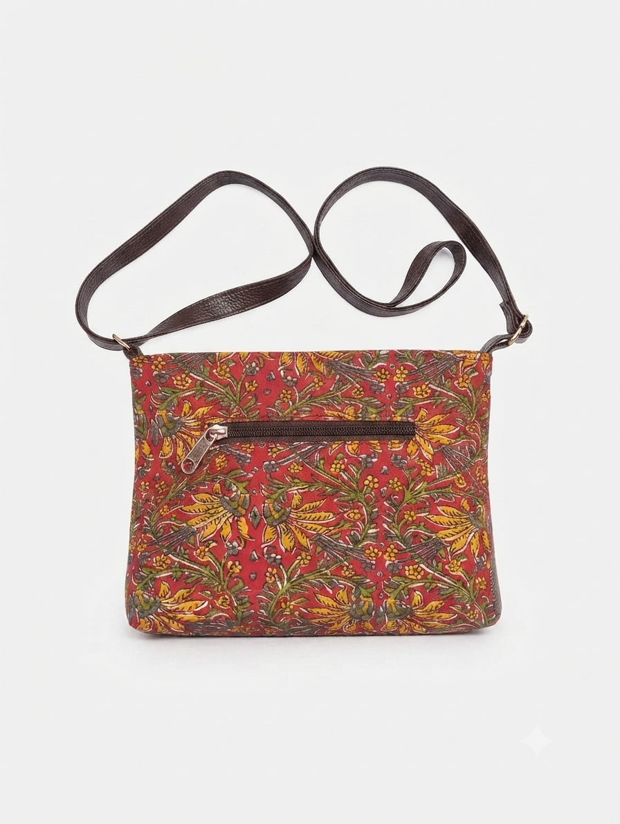 Handcrafted Floral Print Cotton Sling Bag | Maroon Crossbody Shoulder Bag | Lightweight Everyday Travel Purse for Women