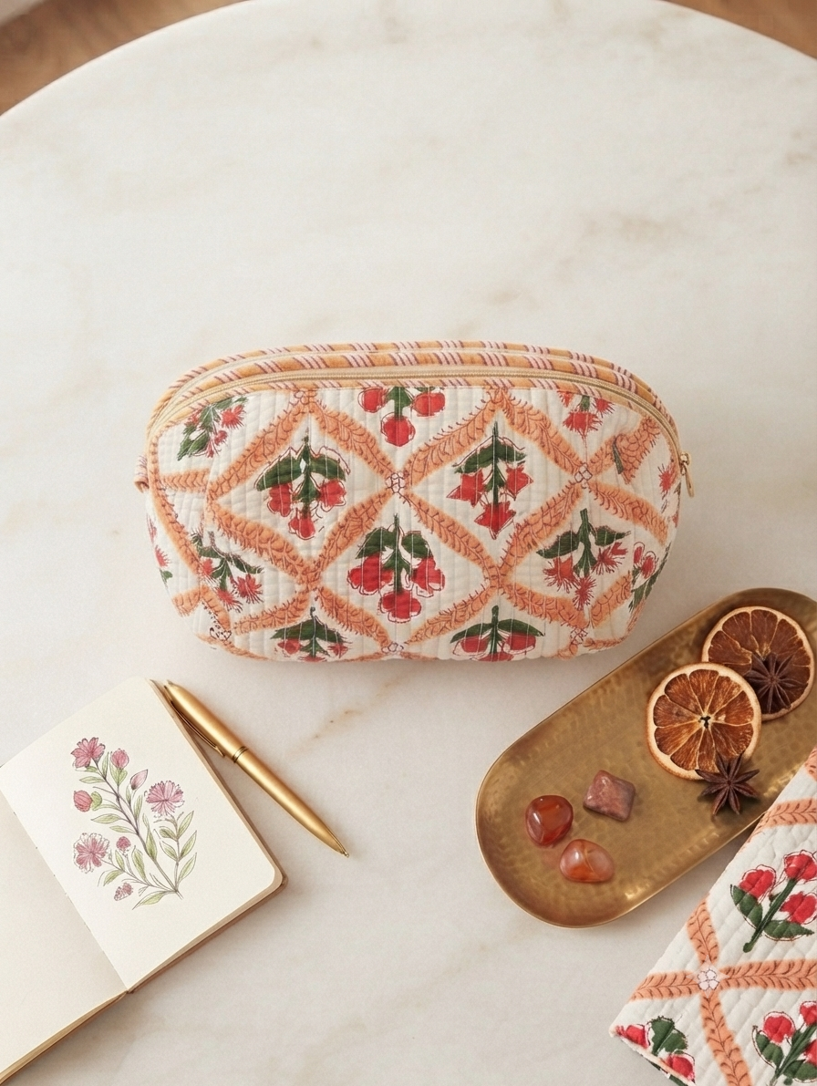 Quilted Cotton Floral Toiletry Kit | Travel Makeup & Cosmetic Organizer Pouch