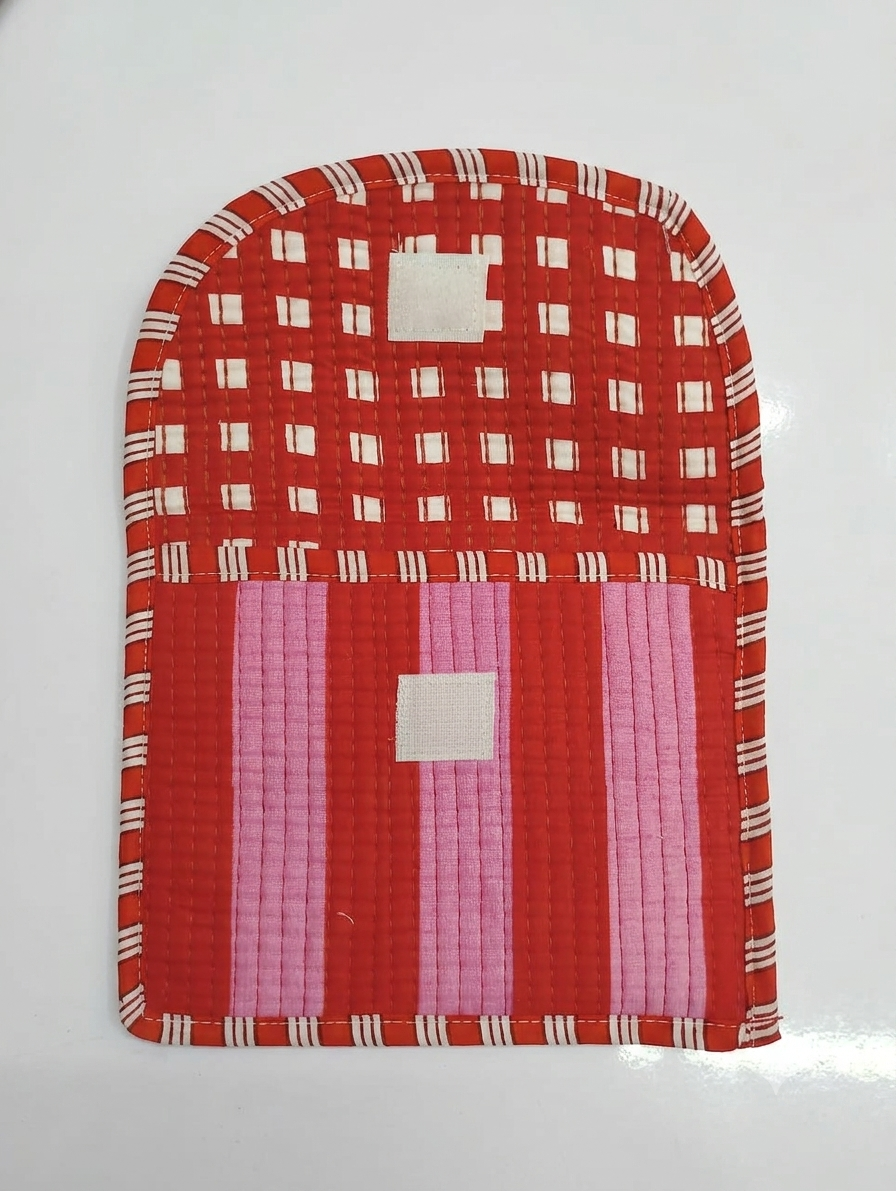 Red & Pink Striped Quilted Cotton Hand Purse for Women | Padded Clutch Wallet | Multipurpose Organizer