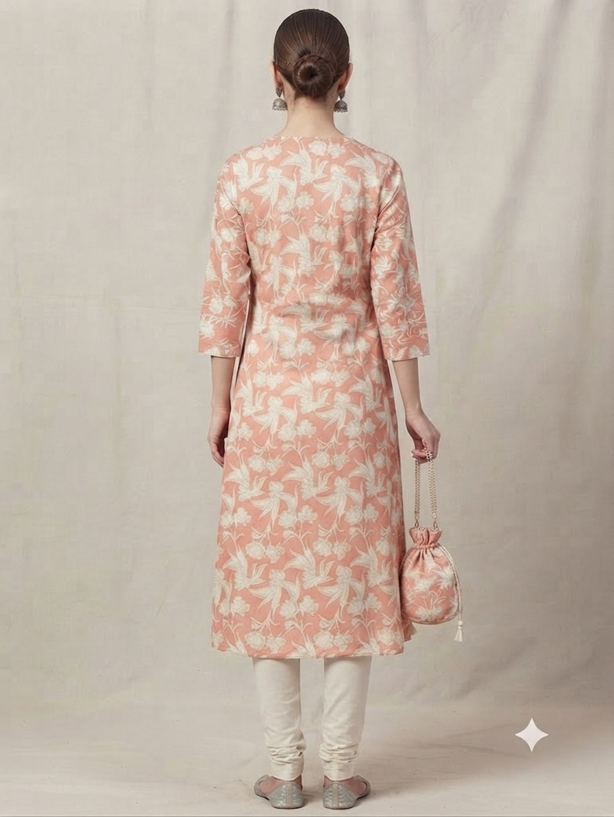 Women's Peach Floral Printed Cotton Angrakha Kurti | Knee Length | Side Knot Tie-Up | V-Neck | 3/4 Sleeves