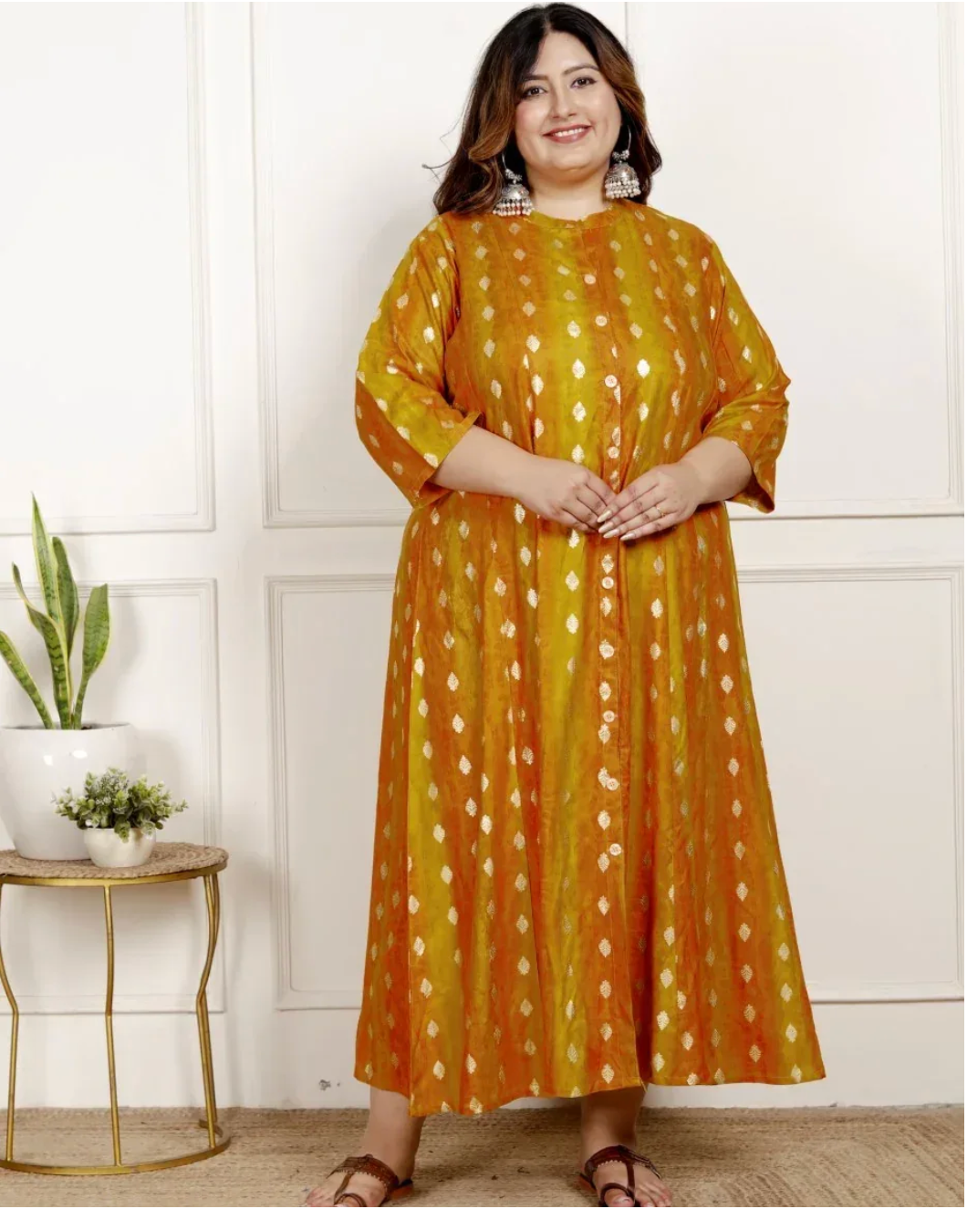 Mustard Rayon Golden Print Aline Kurta Plus Size-4100065