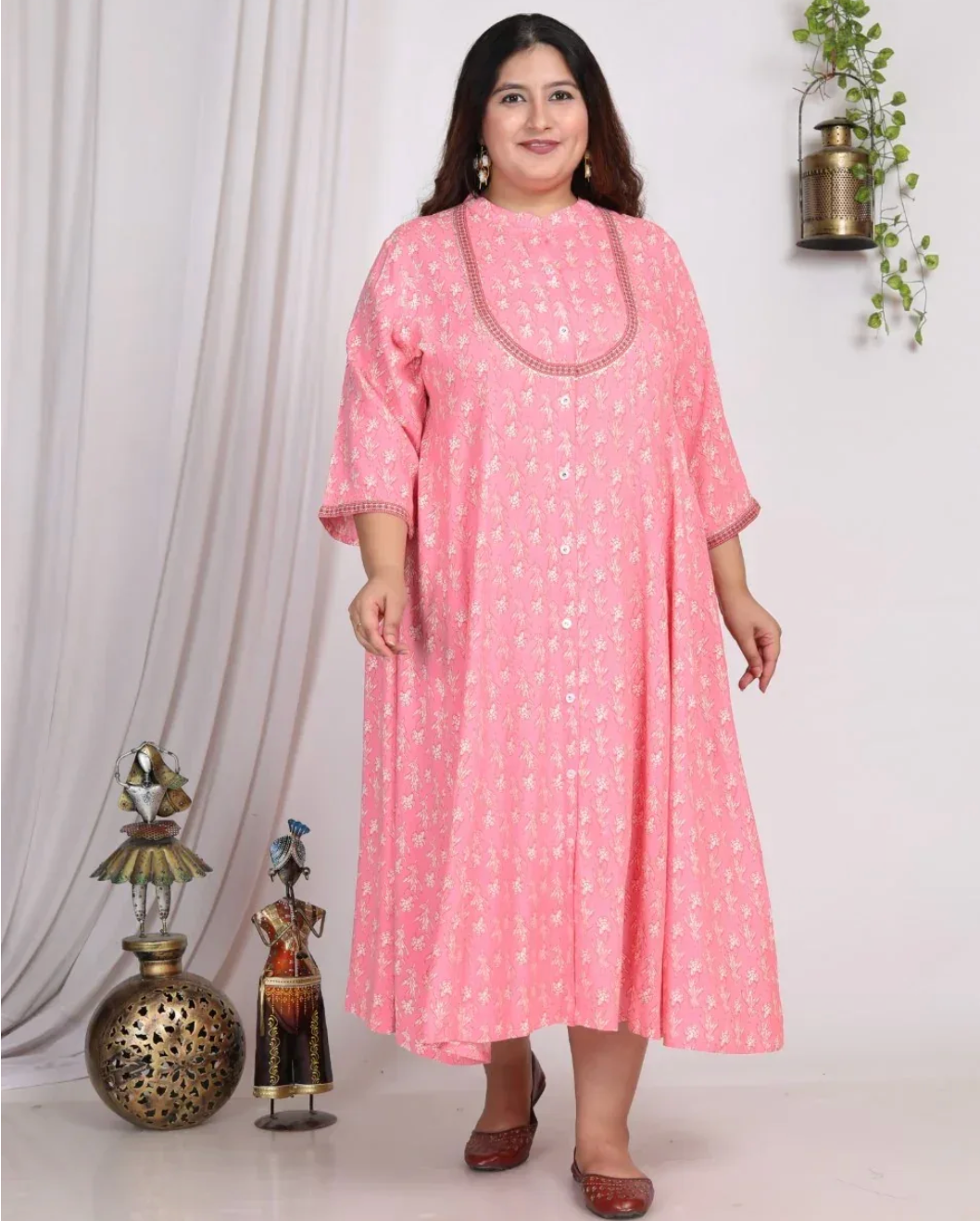 Pink Rayon Floral Print A Line Long Dress Plus Size-400007