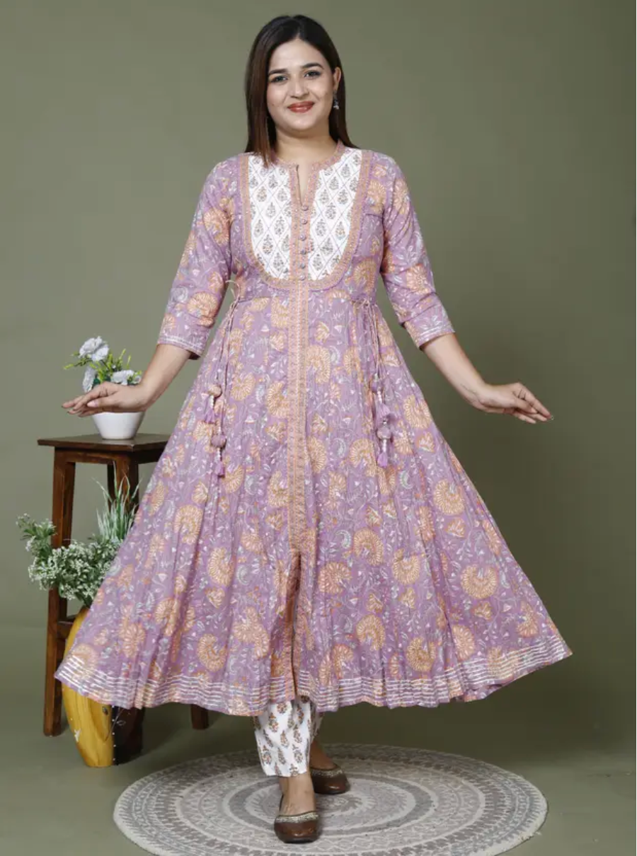 Purple Cotton Anarkali Kurta Pant Set with Dupatta-250128