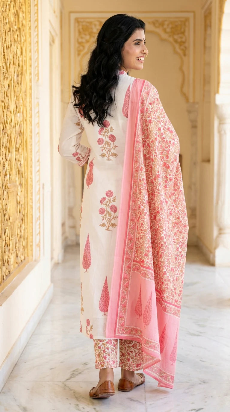 Off White Mul Cotton Jaipuri Kurta Pant Set with Dupatta-800131
