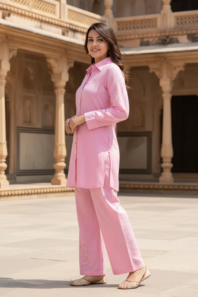Pink Khadi Cotton Solid Co-ord Set-121012