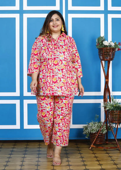 Pink Cotton Floral Print Co-ord Set Plus Size-1200008