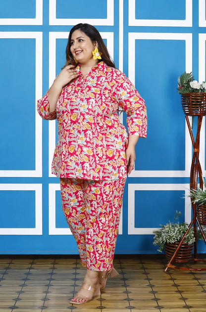 Pink Cotton Floral Print Co-ord Set Plus Size-1200008