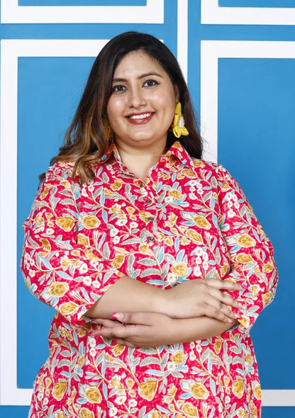 Pink Cotton Floral Print Co-ord Set Plus Size-1200008