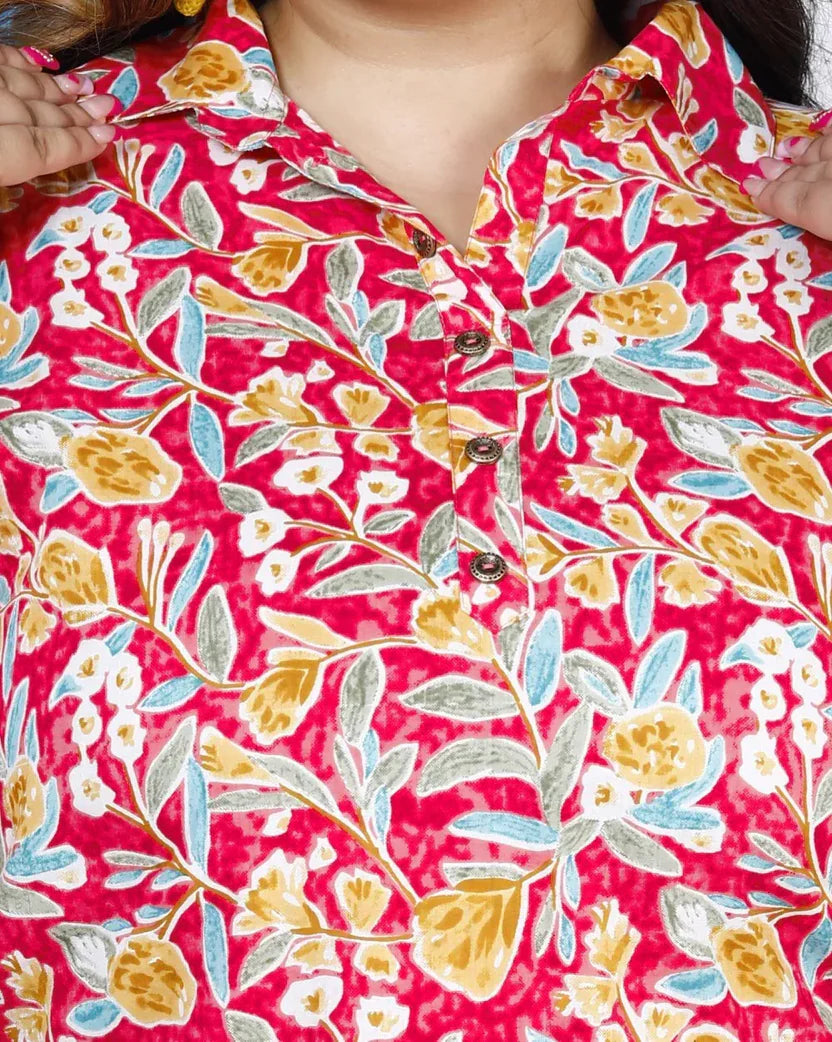 Pink Cotton Floral Print Co-ord Set Plus Size-1200008