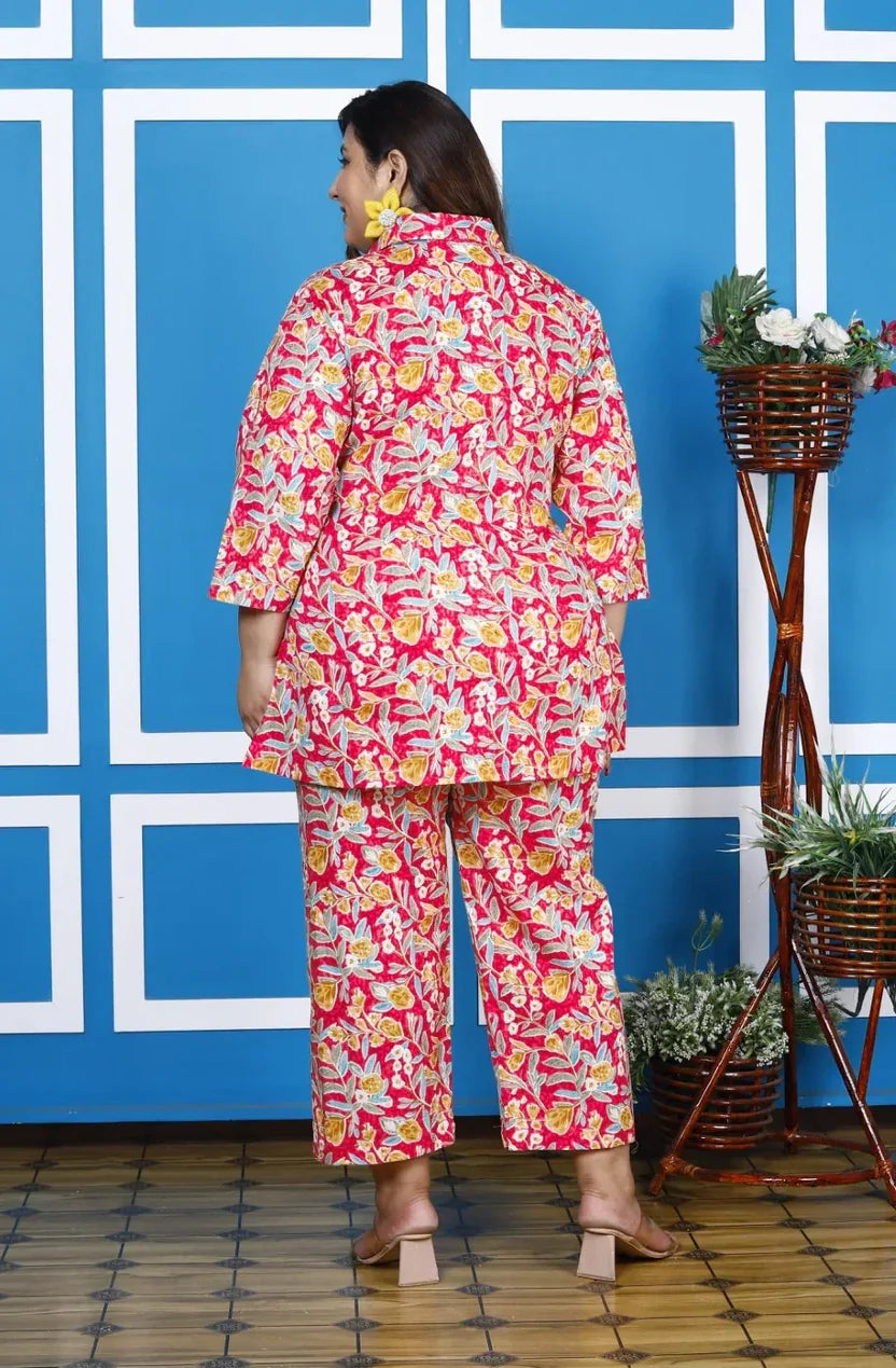 Pink Cotton Floral Print Co-ord Set Plus Size-1200008