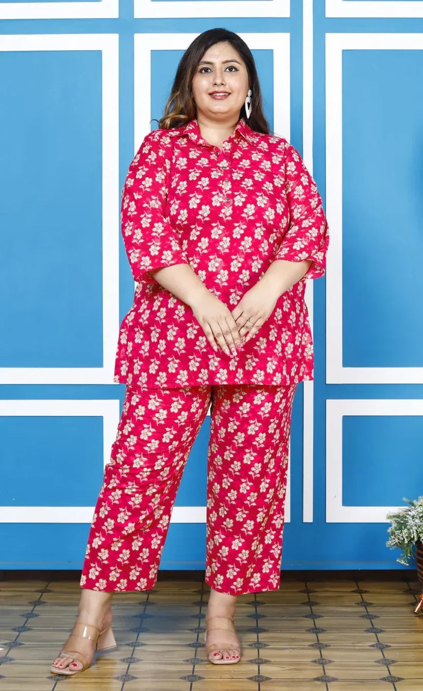 Pink Cotton Floral Print Co-ord Set Plus Size-1200009