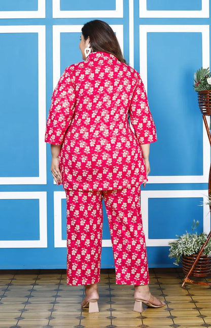 Pink Cotton Floral Print Co-ord Set Plus Size-1200009
