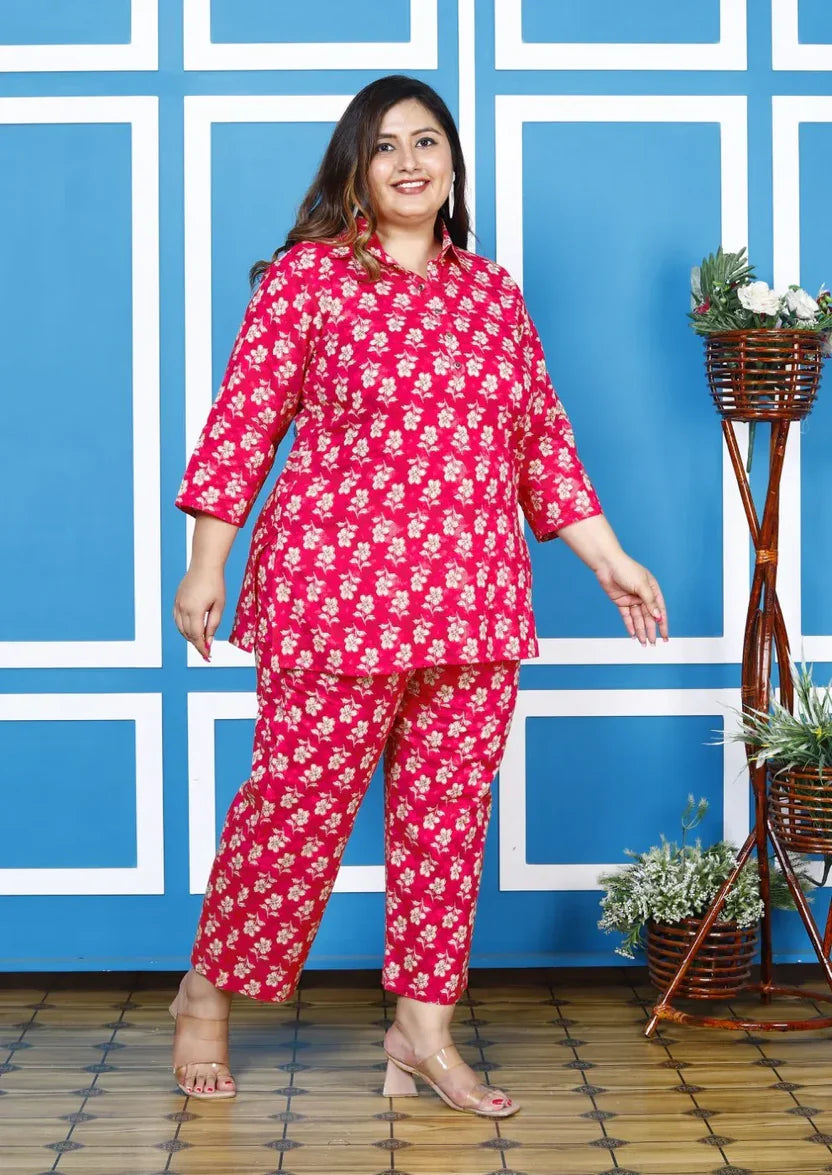 Pink Cotton Floral Print Co-ord Set Plus Size-1200009
