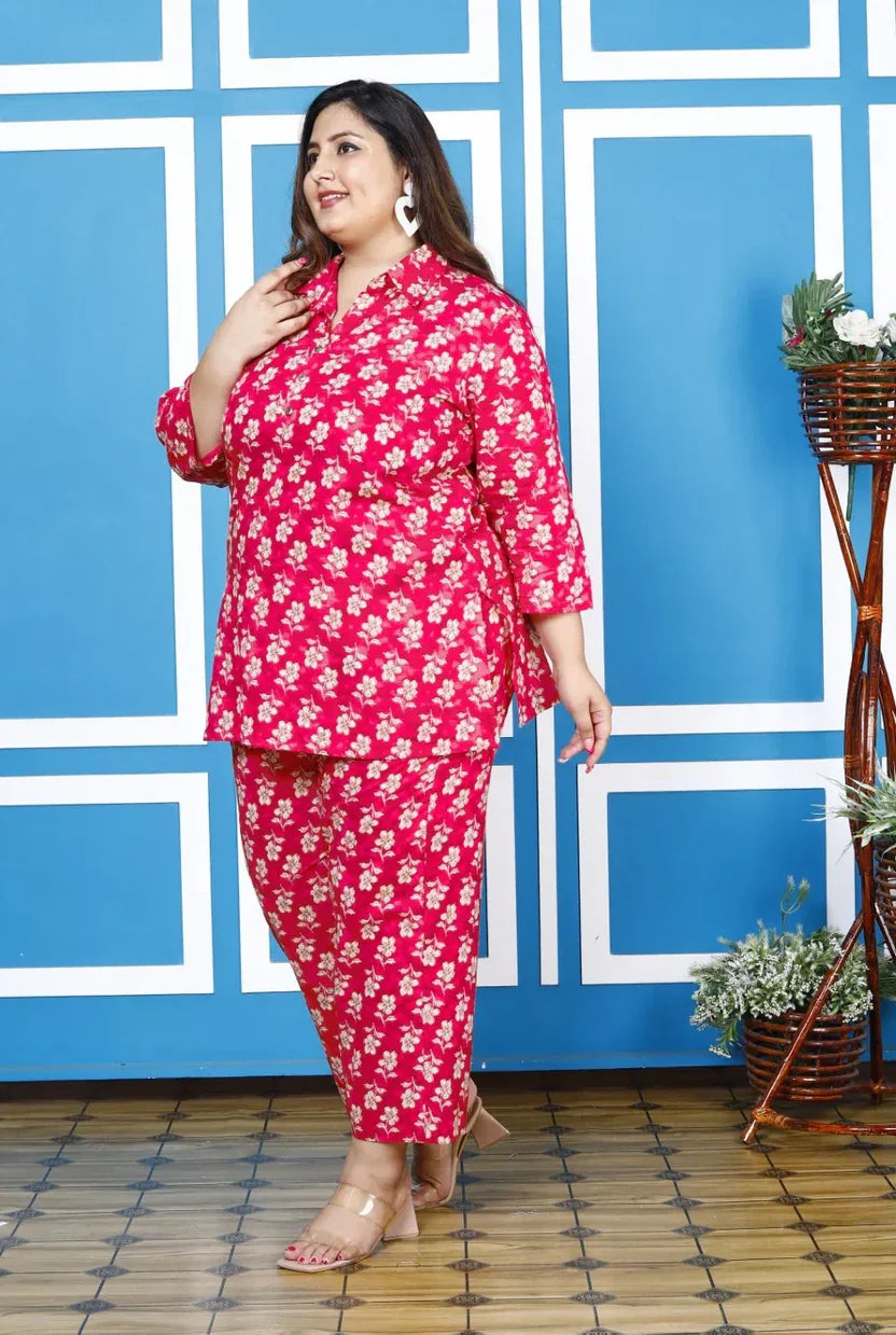 Pink Cotton Floral Print Co-ord Set Plus Size-1200009