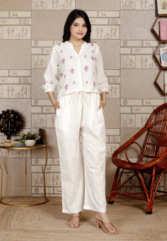 White khadi Cotton Co-ord Set-121013