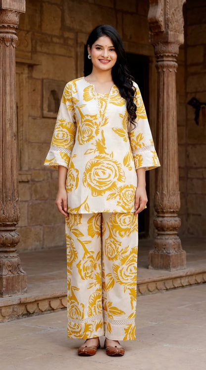 Yellow Khadi Cotton Co-ord Set-121011