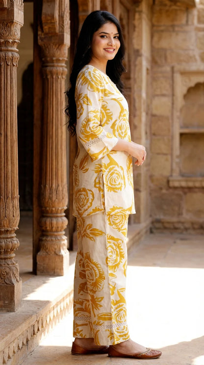Yellow Khadi Cotton Co-ord Set-121011