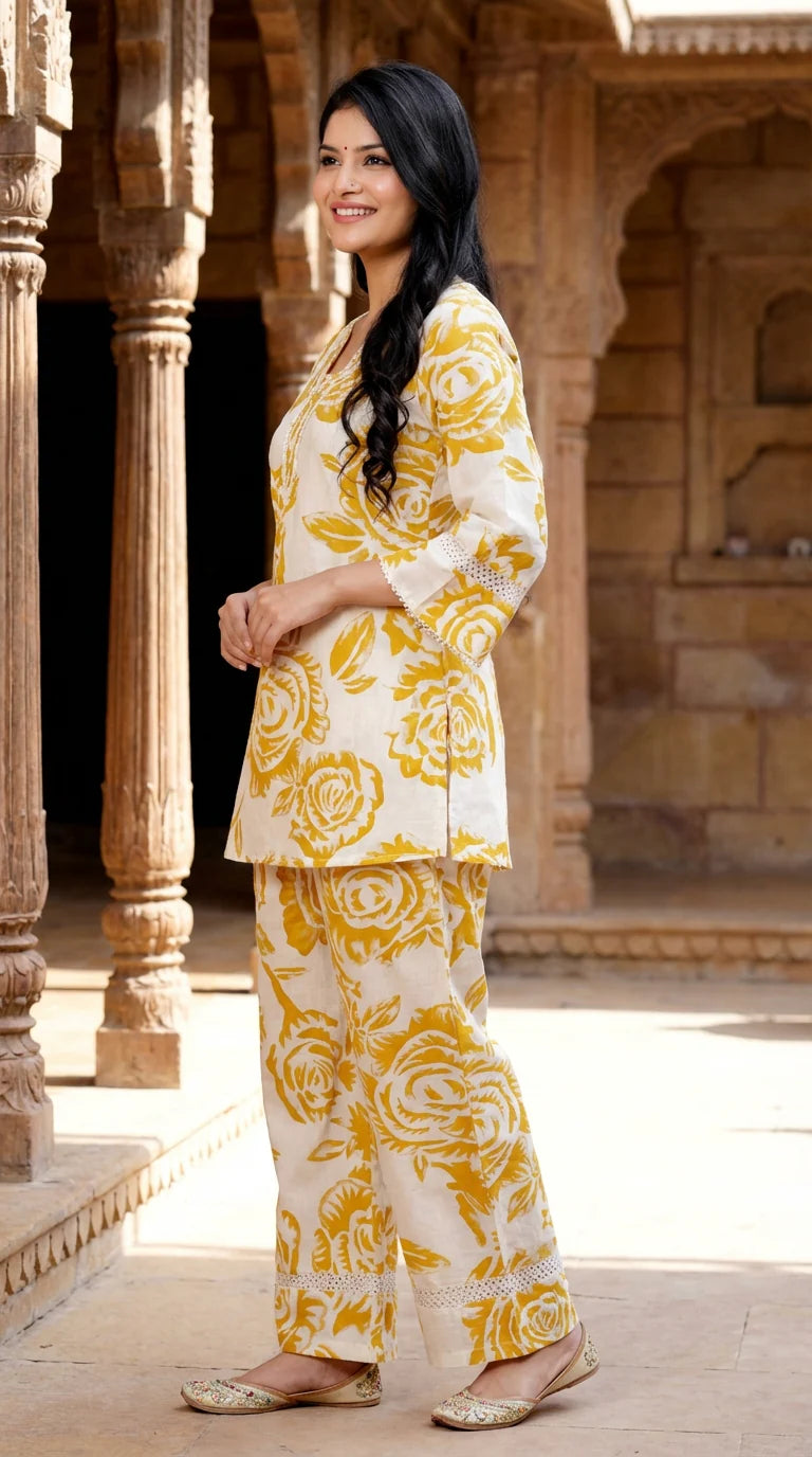 Yellow Khadi Cotton Co-ord Set-121011