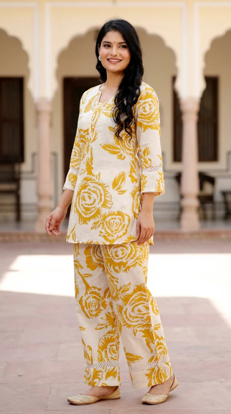 Yellow Khadi Cotton Co-ord Set-121011