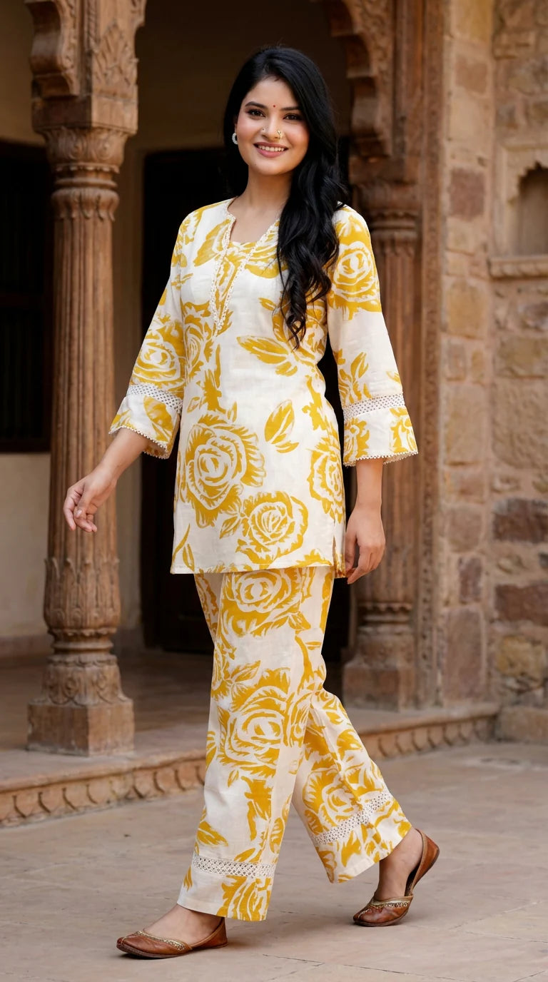 Yellow Khadi Cotton Co-ord Set-121011