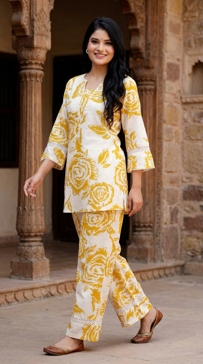 Yellow Khadi Cotton Co-ord Set-121011