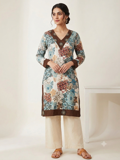 Floral Printed V-Neck Knee-Length Straight Kurti