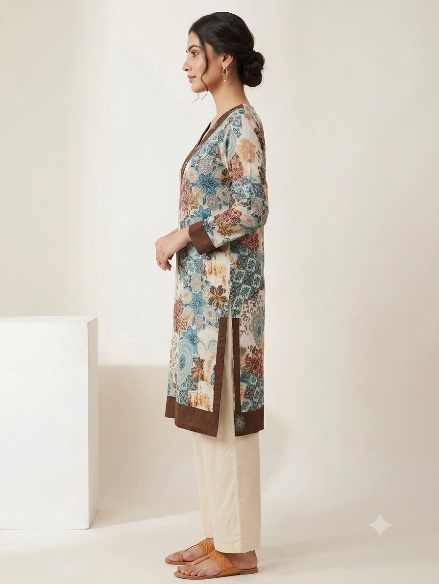 Floral Printed V-Neck Knee-Length Straight Kurti