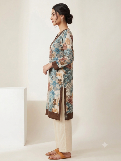 Floral Printed V-Neck Knee-Length Straight Kurti