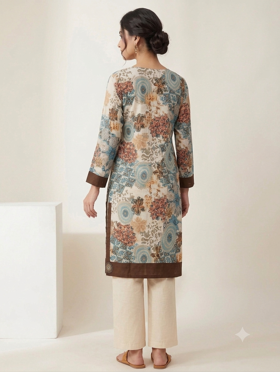 Floral Printed V-Neck Knee-Length Straight Kurti