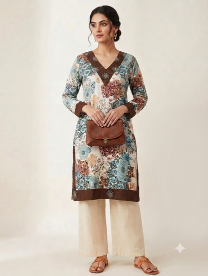 Floral Printed V-Neck Knee-Length Straight Kurti